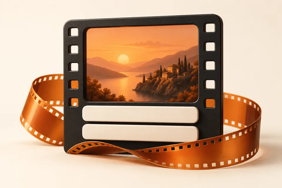 An orange film strip surrounding a film frame with abstract caption bars.