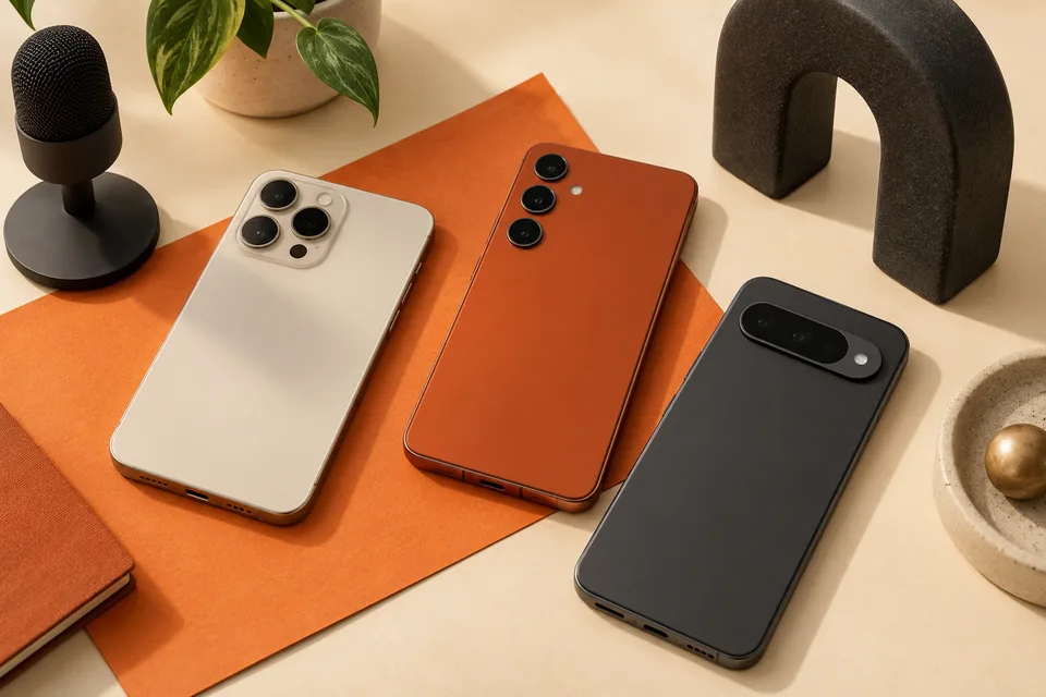 Three smartphones arranged on a cream desk beside a small recording microphone.