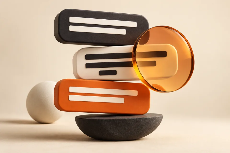 Contrasting charcoal, ivory, and orange caption shapes in an abstract studio still life.