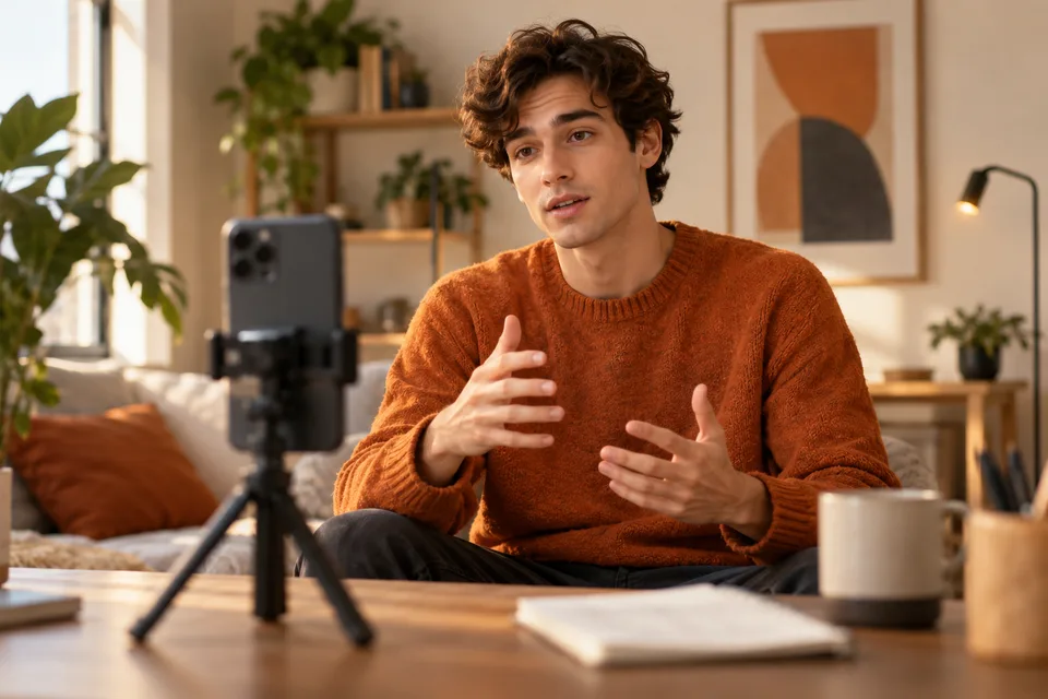A creator rehearsing a talking video with a phone on a tripod and a notebook nearby.