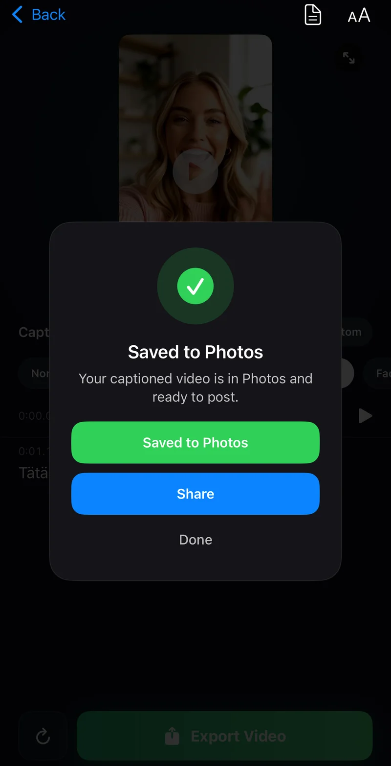 The actual CapSub export confirmation after a captioned video is saved to Photos.