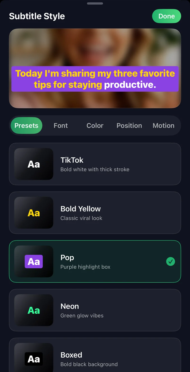 Actual CapSub style picker showing TikTok, Bold Yellow, Pop, Neon, and Boxed presets.