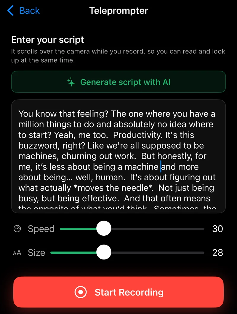CapSub’s actual teleprompter screen includes the script, Speed, Size, and Start Recording controls.